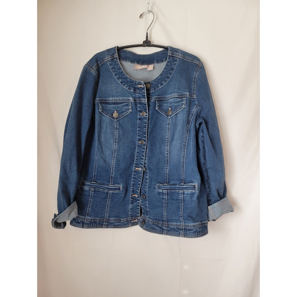 Chico's Women's Blue Denim Jean Jacket Coat Buttons Round Neck Size 2 (US L)
